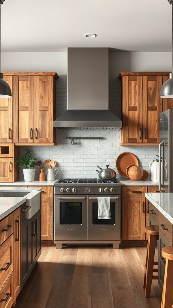 A rustic kitchen featuring wooden cabinets and stainless steel appliances.