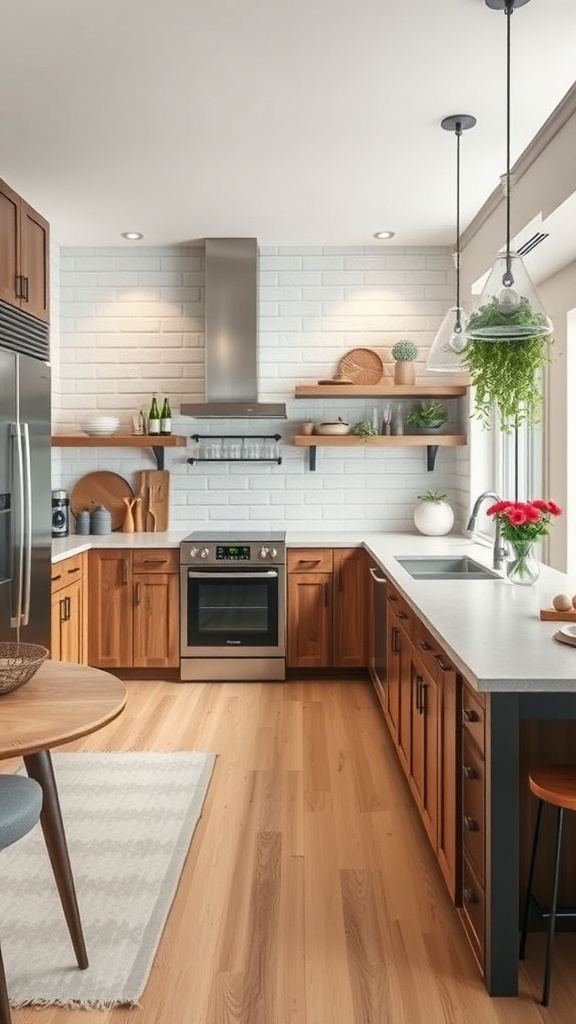 A rustic modern kitchen featuring mixed material countertops with light surfaces and wooden cabinetry.