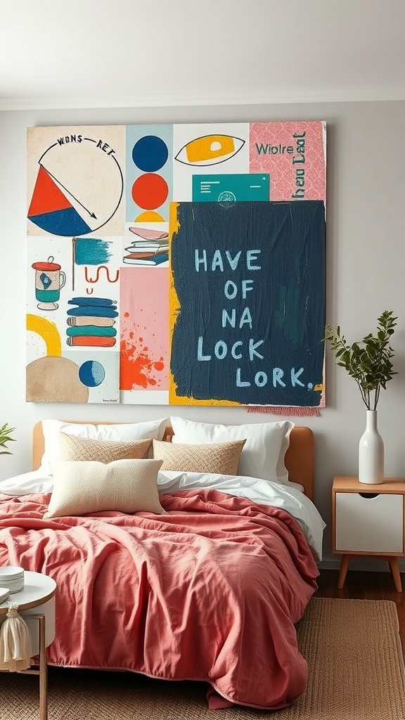 A colorful mixed media collage wall art piece above a bed with a pink blanket.