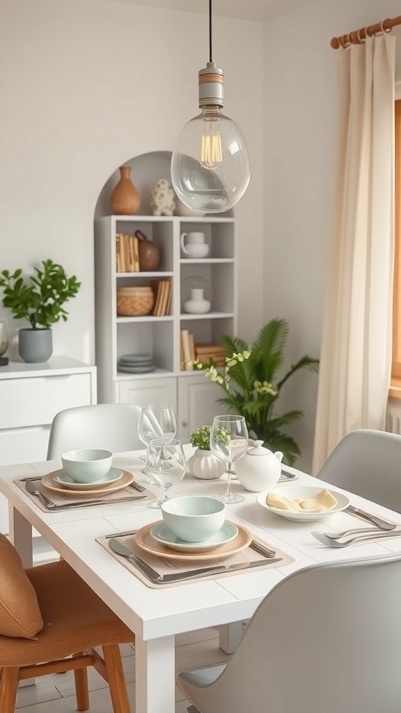 A small dining table set with pale blue bowls, beige plates, and elegant glassware, surrounded by greenery and warm decor.