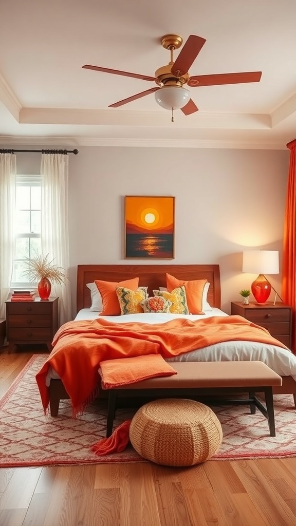 A cozy bedroom featuring burnt orange decor, including bedding, curtains, and accent pillows, complemented by wooden furniture.