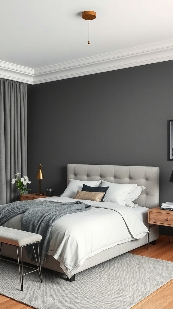 A modern grey and white bedroom featuring a dark grey wall, light grey bedding, and wooden furniture.
