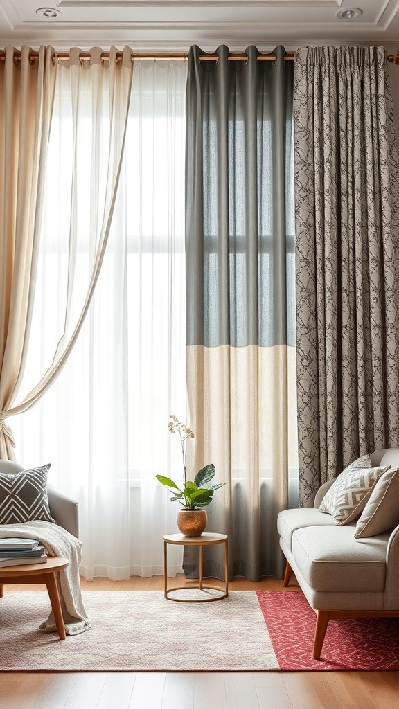 A living room with a mix of sheer and patterned curtains on a double curtain rod, showcasing a stylish and layered window treatment.