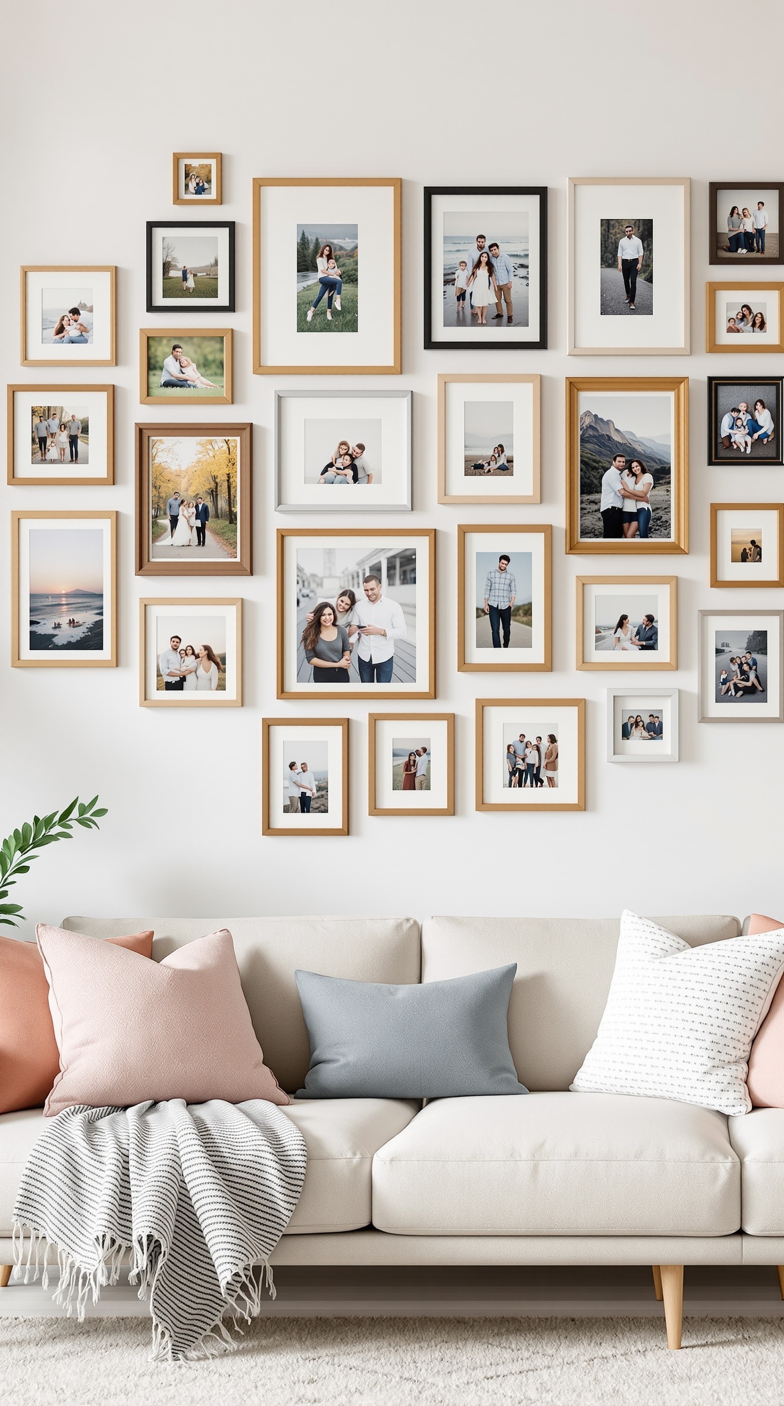 A family photo wall featuring a mix of frame styles in gold, black, and silver, showcasing various family photos.