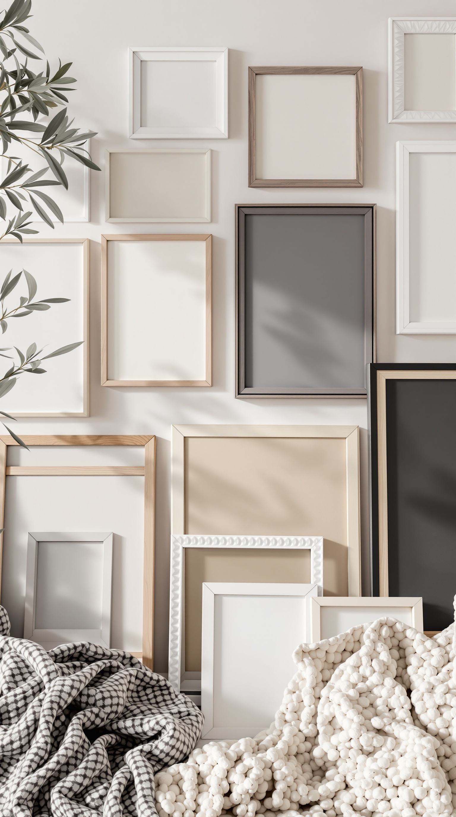 A collection of various picture frames in different styles and colors arranged on a wall, with a cozy blanket in the foreground.