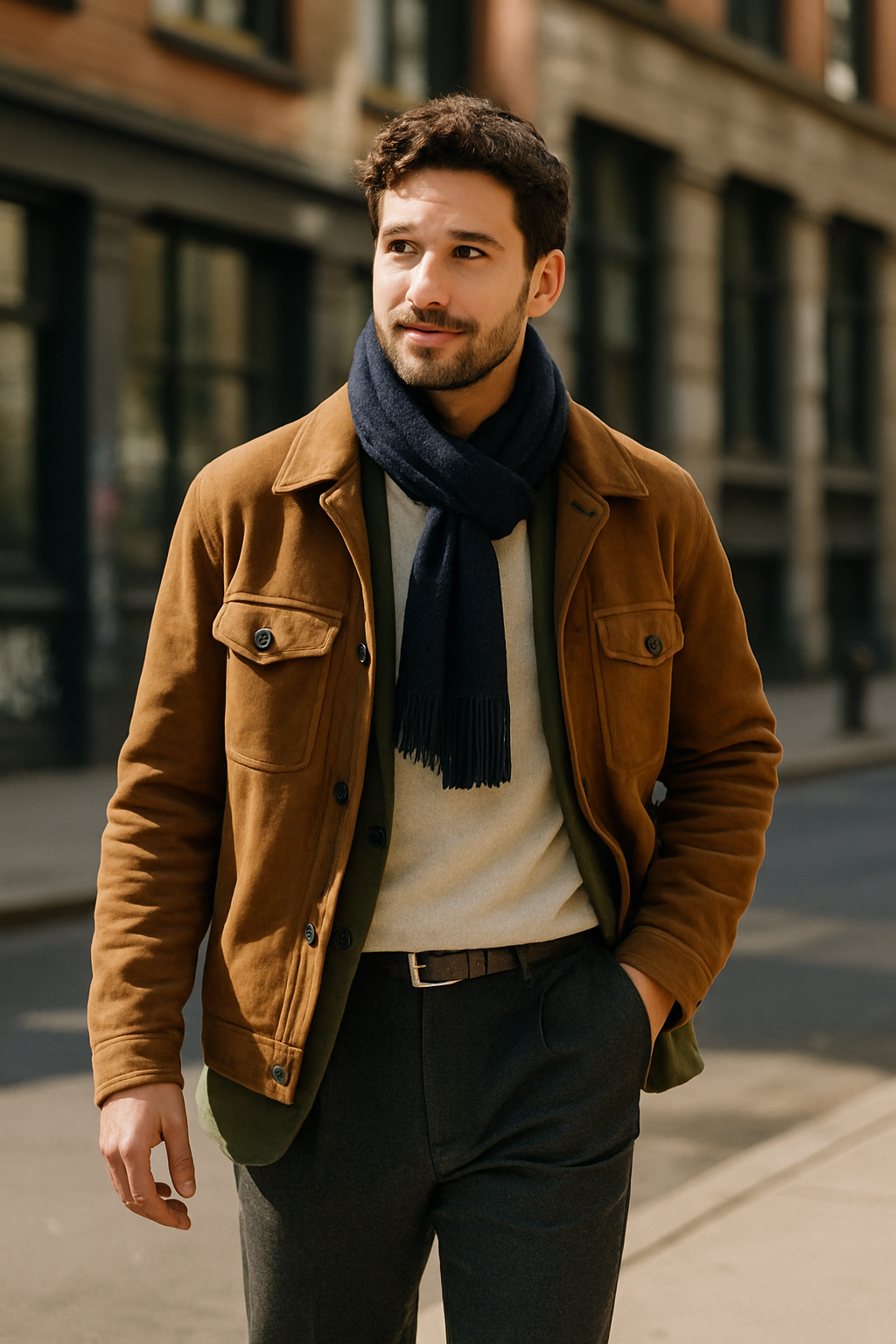 A man wearing a brown jacket, grey sweater, and tailored trousers, walking on a city street.