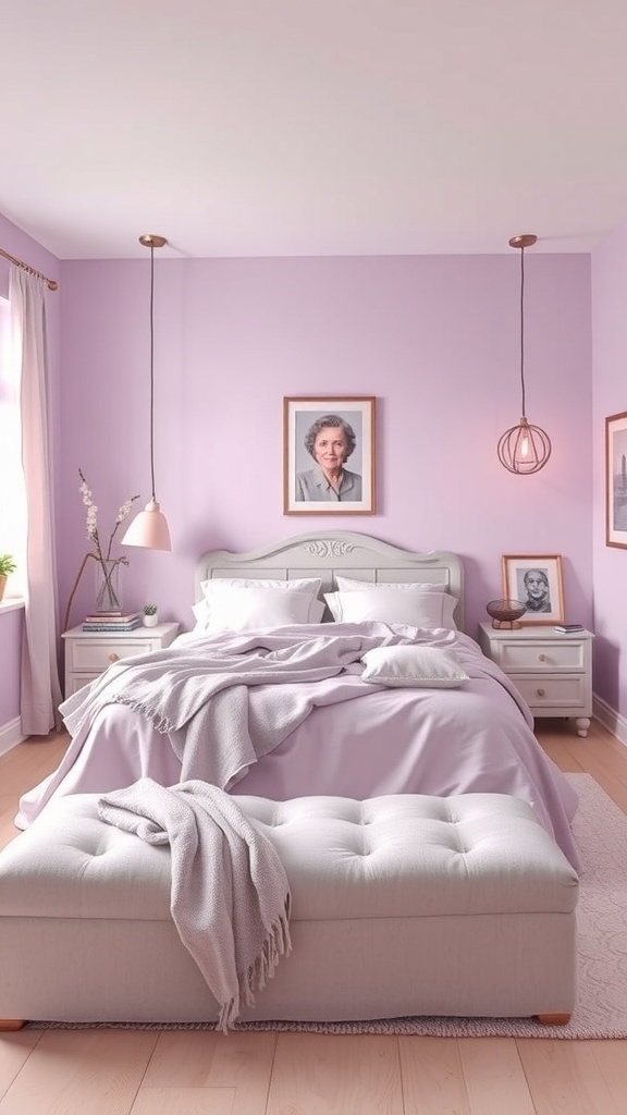 A cozy lilac bedroom featuring a bed with light bedding, a gray ottoman, and pastel decor.