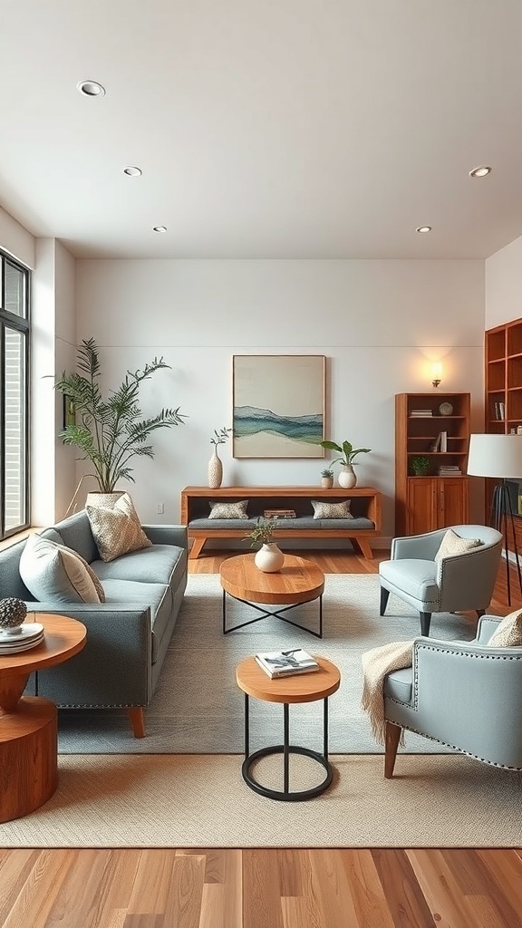 A modern rustic living room featuring a blue sofa, wooden tables, and plants.