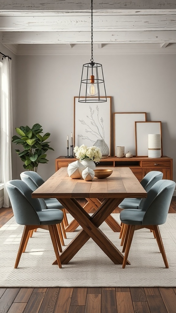A rustic dining table with modern chairs and decor in a stylish dining room.