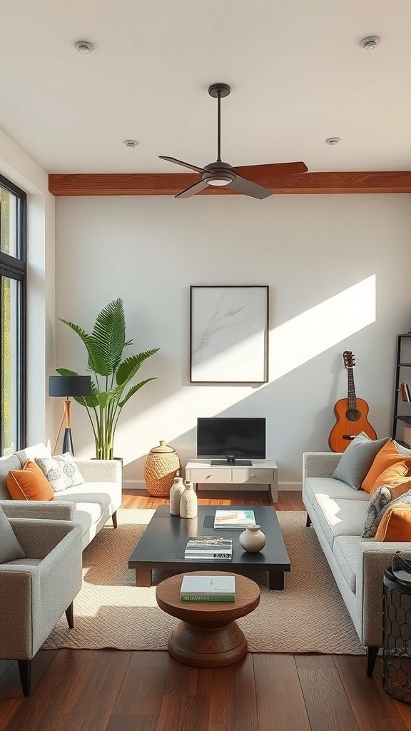 A cozy living room featuring a mix of modern and rustic design elements, including light sofas, wooden accents, and a large plant.