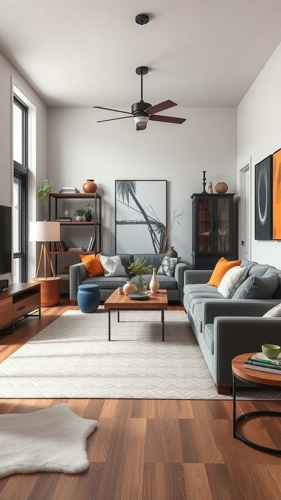 A modern rustic living room featuring gray sofas, orange cushions, wooden furniture, and large windows.