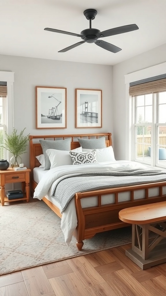 A modern farmhouse bedroom featuring a wooden bed, neutral bedding, and industrial artwork.