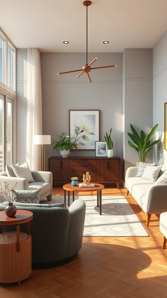 A cozy living room featuring a mix of modern and traditional furniture, with light gray walls, wooden accents, and plants.