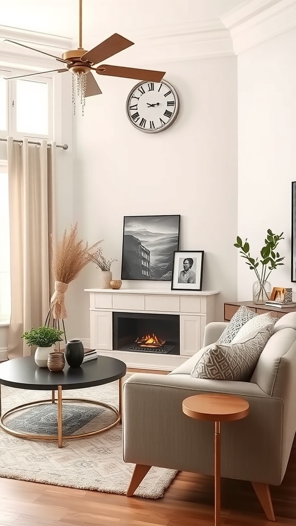 A cozy living room featuring a mix of modern and vintage decor, including a stylish coffee table, a warm wooden floor, and decorative plants.