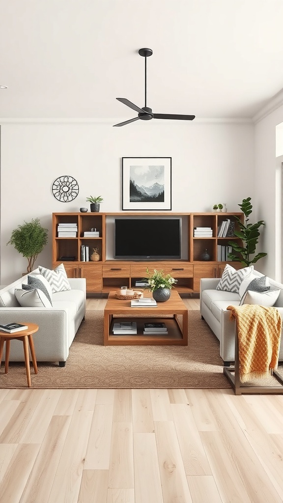 A modern rustic living room with gray sofas, wooden furniture, and natural light.