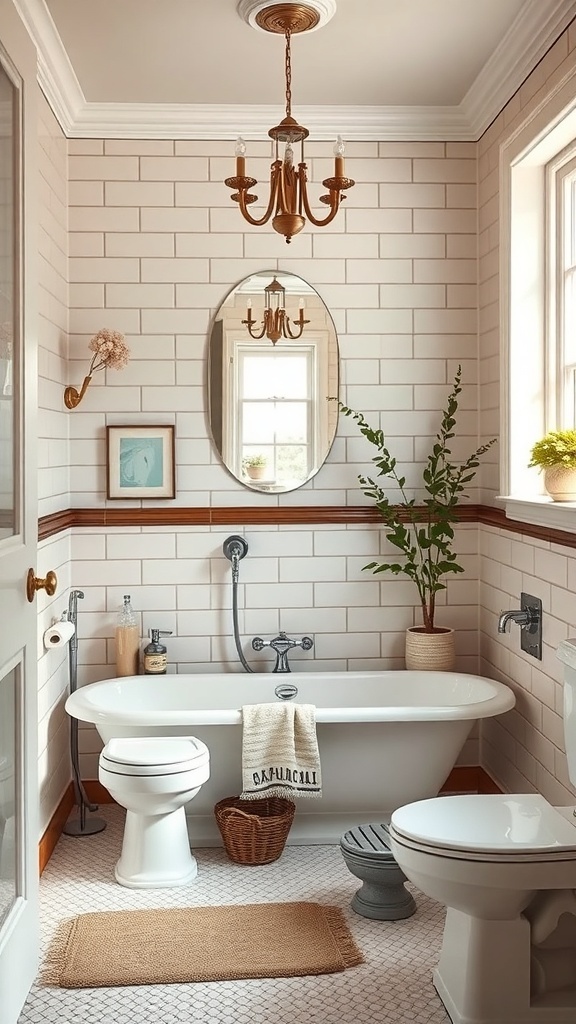 A rustic bathroom featuring a freestanding tub, modern fixtures, and warm wood accents.