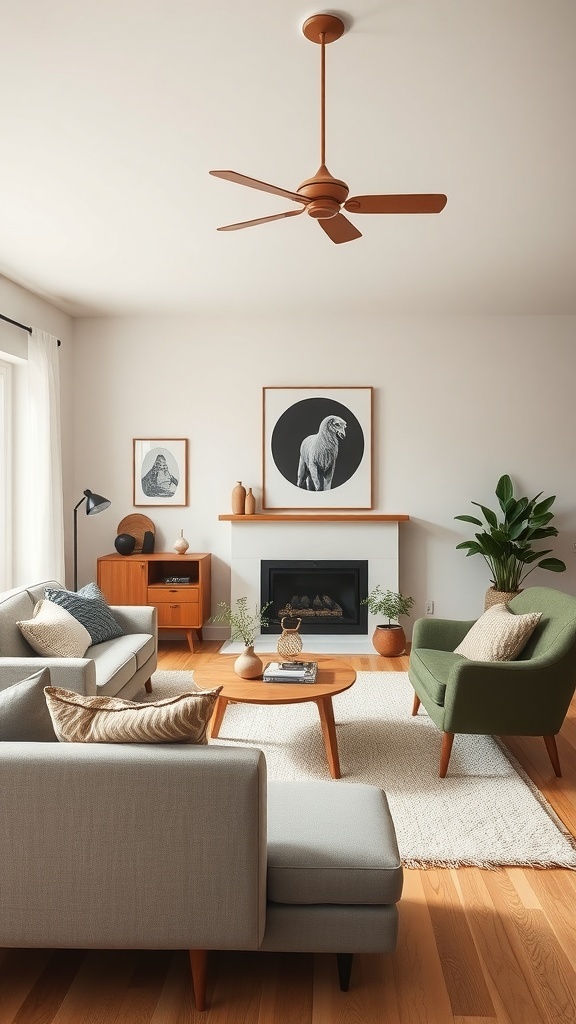 A cozy Scandinavian living room featuring a mix of modern and vintage furniture, with artwork on the walls and natural elements.