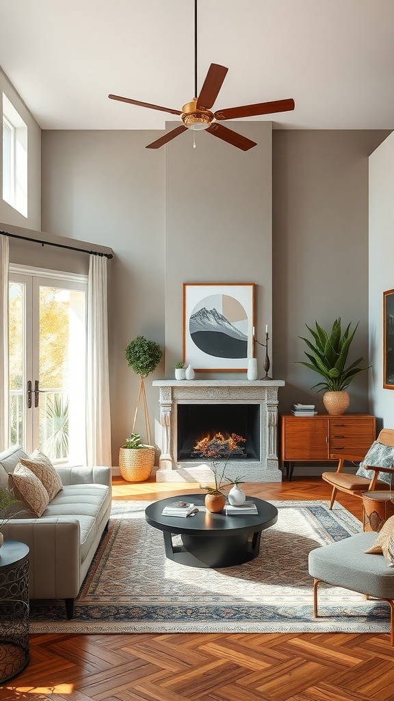 A cozy mid-century modern living room featuring a fireplace, plants, and stylish furniture.