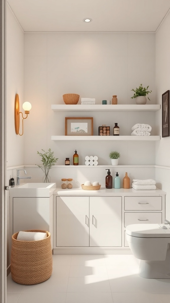 A stylish bathroom showcasing a mix of open and closed shelving with towels, jars, and plants.