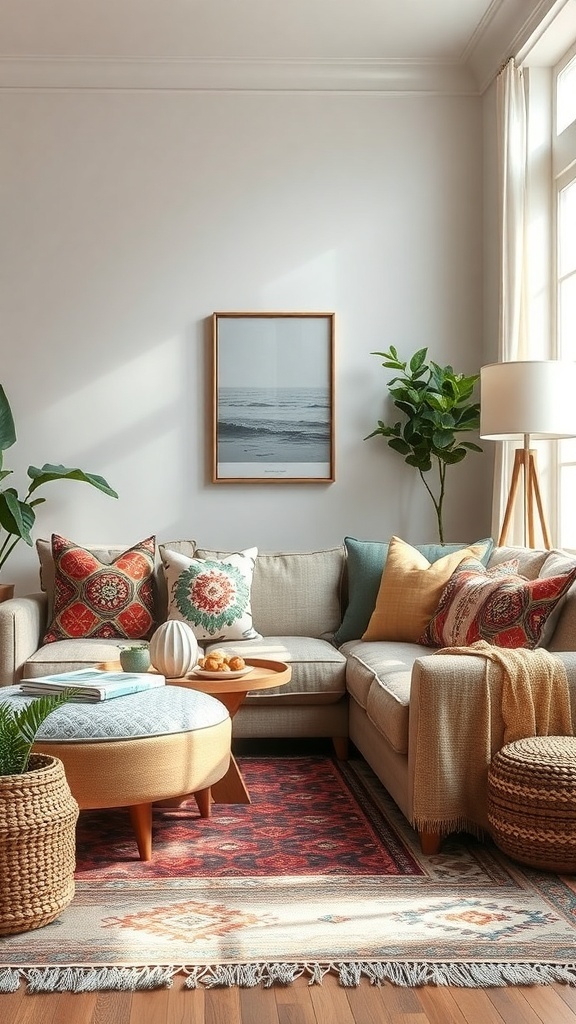Cozy boho living room with mixed patterns and prints on cushions and rug