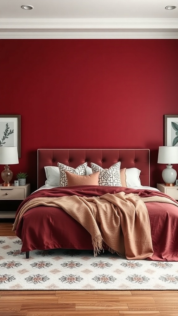 A cozy maroon bedroom featuring a maroon wall, a plush bed with patterned pillows, a beige throw blanket, and a decorative rug.