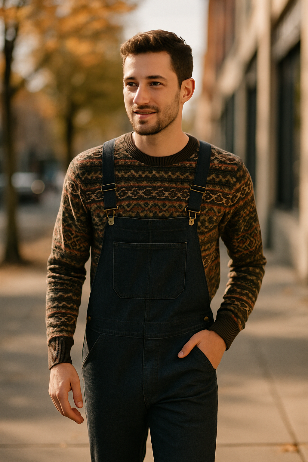 A man wearing a patterned sweater and denim overalls, walking outdoors in fall.