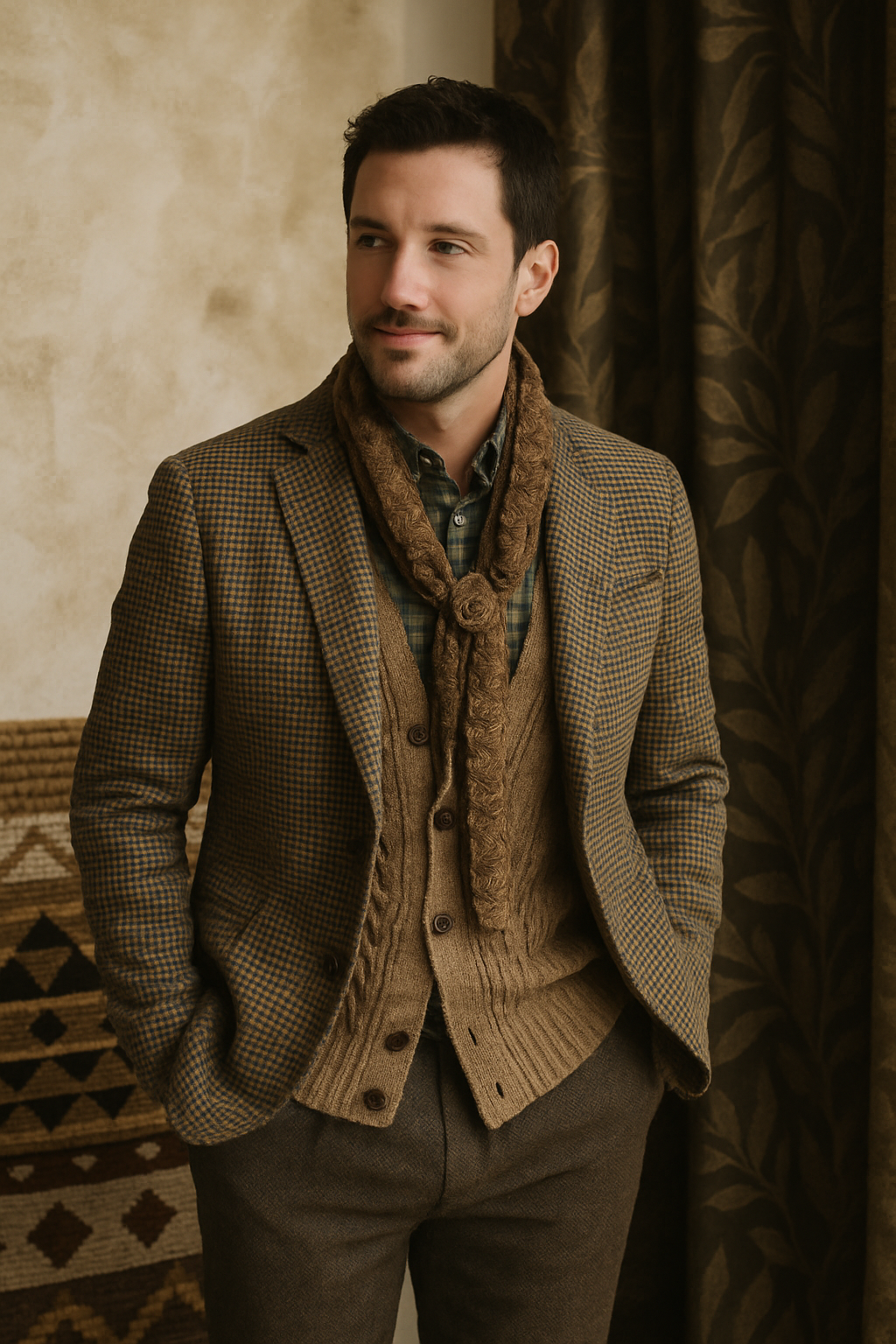 A man in a checkered blazer and knitted sweater, showcasing a mix of patterns and textures.
