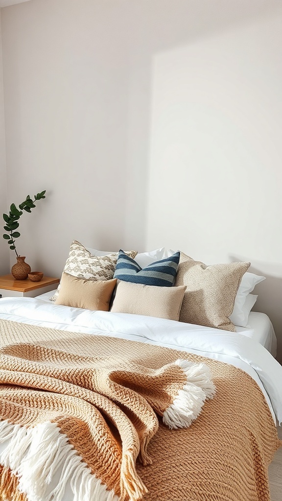 Cozy bedroom with a bed featuring a knitted blanket and patterned pillows.