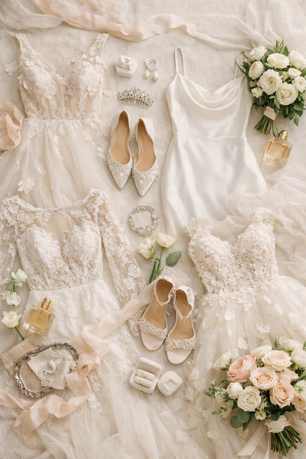 An assortment of wedding attire including dresses, shoes, and accessories displayed together