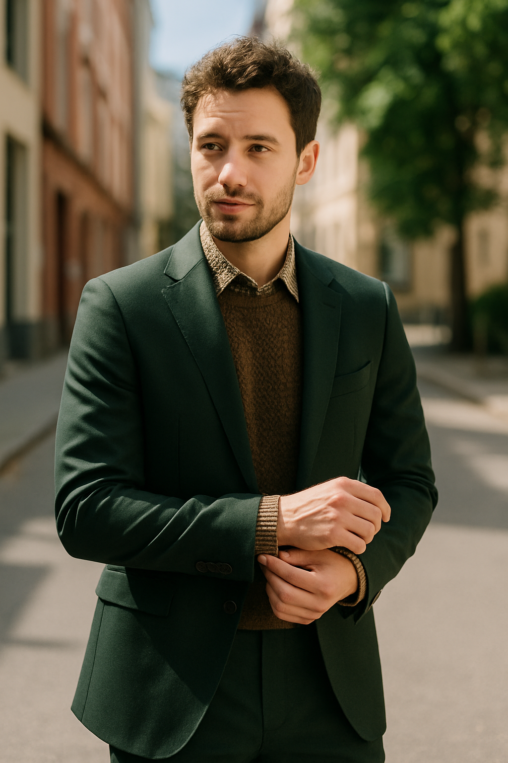 A man in a dark green suit with a textured brown sweater and patterned shirt, standing on a city street.