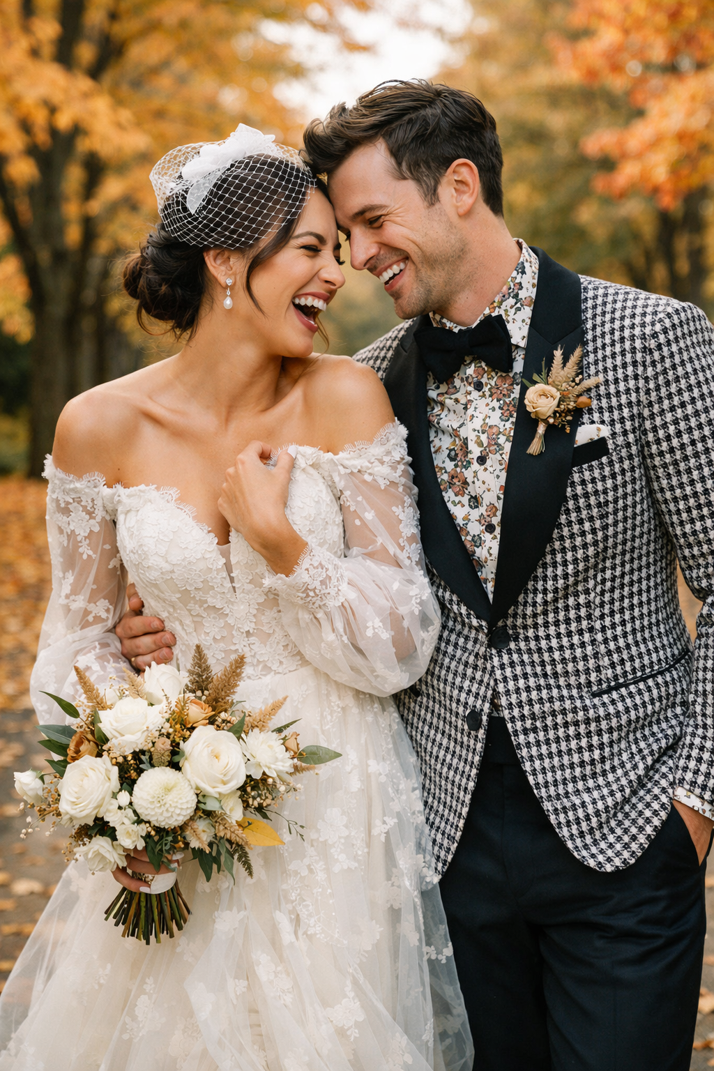 A couple laughing together in an autumn setting, showcasing a mix of patterns in their outfits.