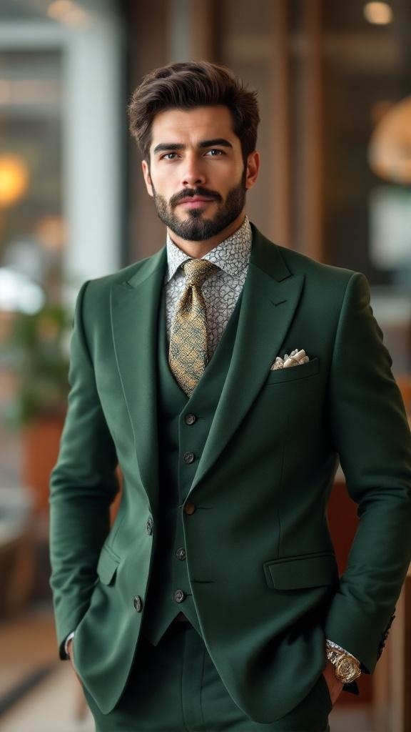 A man wearing a green blazer with a patterned shirt and tie, showcasing a stylish ensemble.