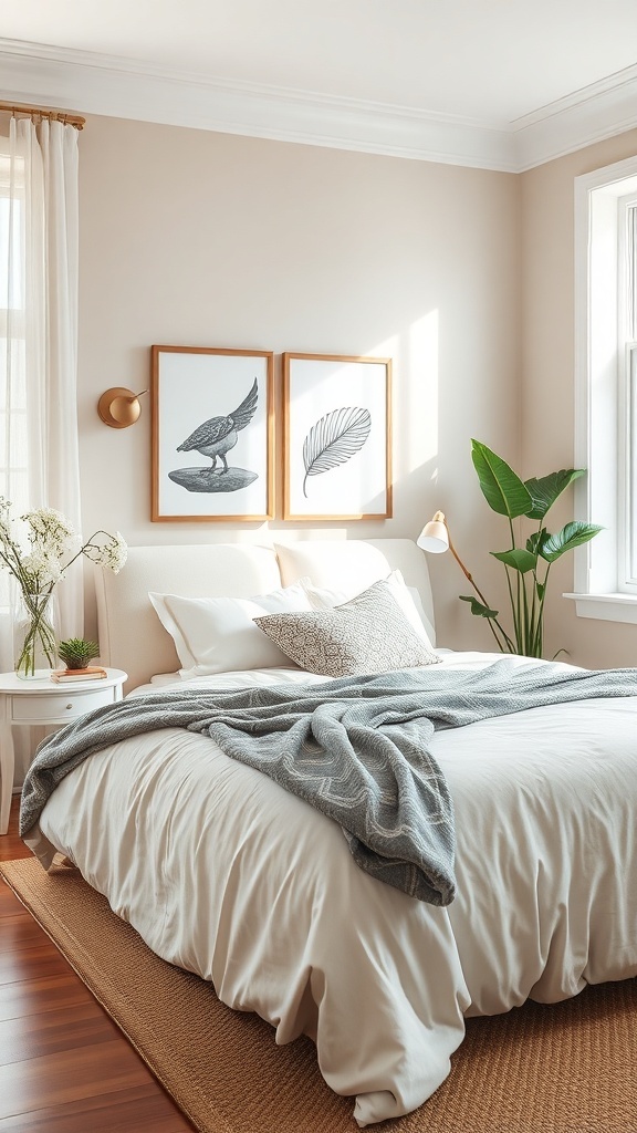 A neutral bedroom featuring a cozy bed with white linens, a gray throw, framed artwork, and a plant by the window.