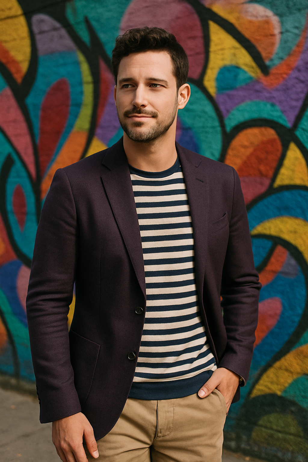 A man wearing a purple blazer and striped shirt standing in front of a colorful mural.