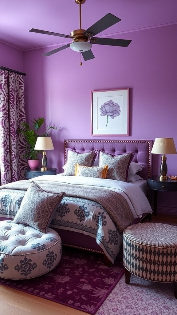 A vibrant purple bedroom with patterned textiles, including a bed with a colorful duvet, throw pillows, and decorative ottoman.