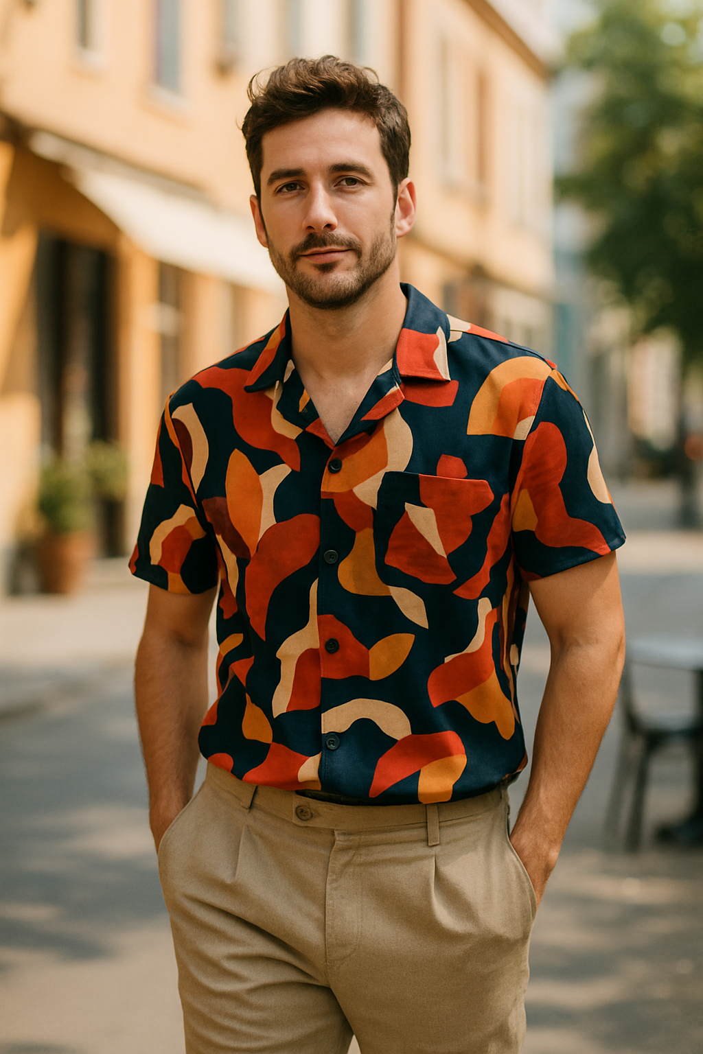 A man wearing a colorful printed shirt and beige slacks, showcasing a stylish outfit.