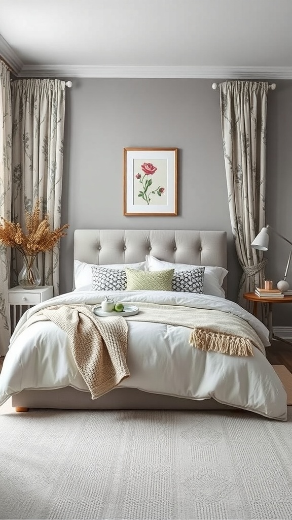 A grey bedroom featuring floral curtains, striped pillows, and a cozy bed with a knitted throw.