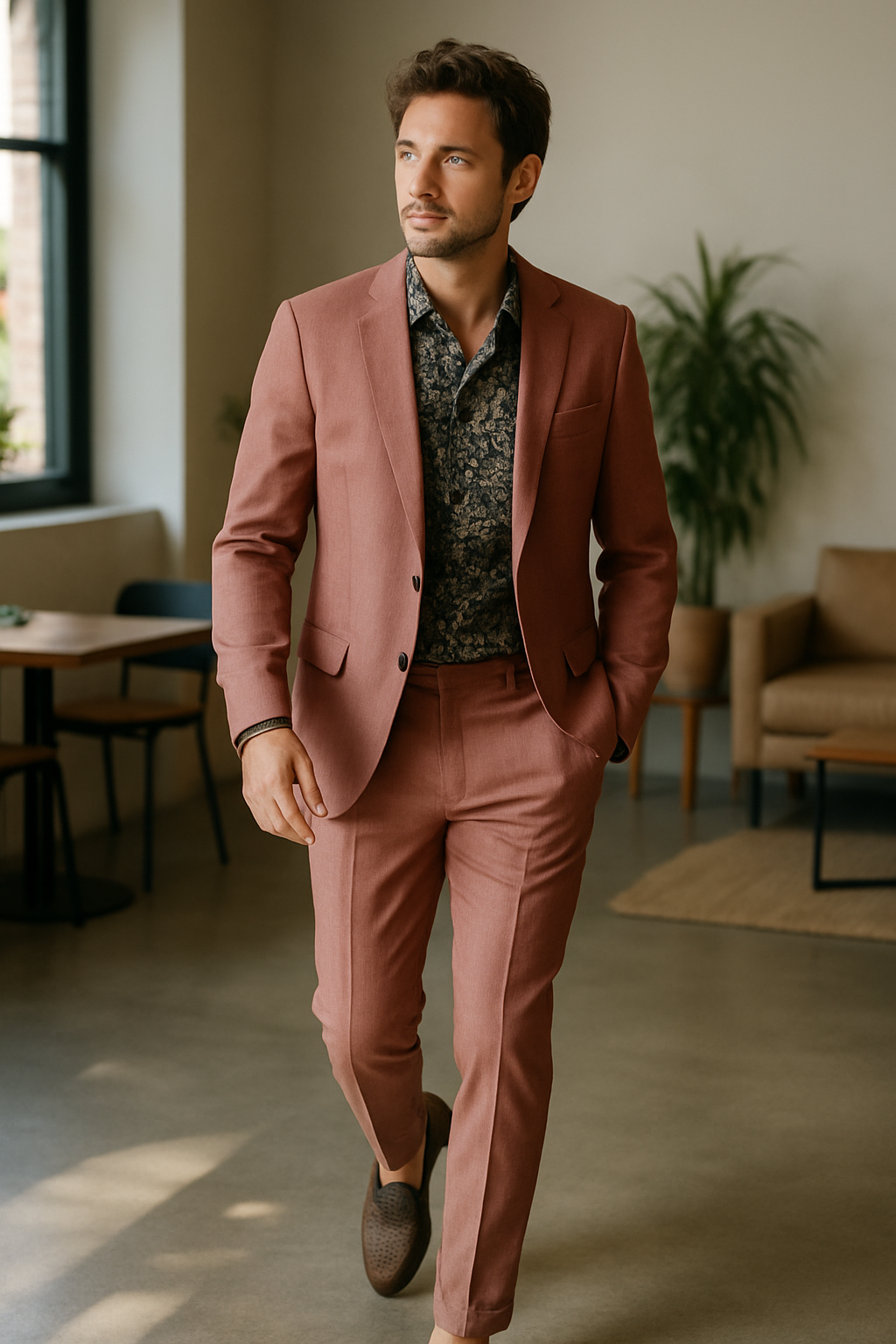 A man in a pink suit with a patterned shirt, walking confidently in a modern setting.