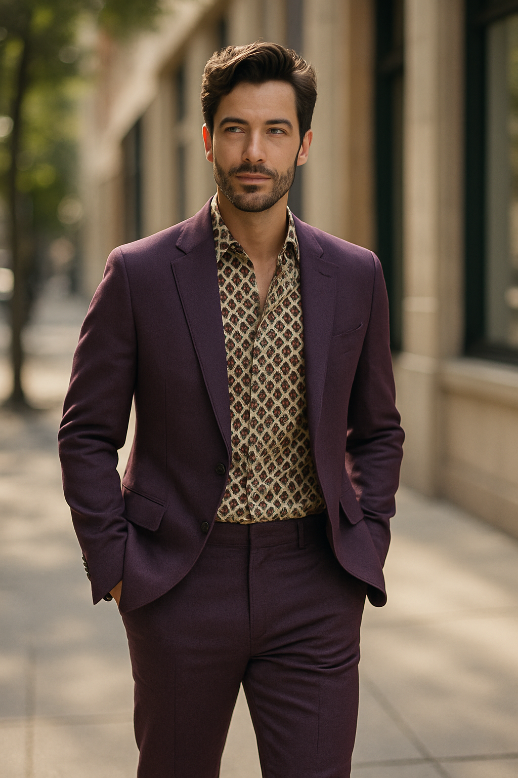 A man wearing a purple blazer and a patterned shirt, standing confidently outdoors.