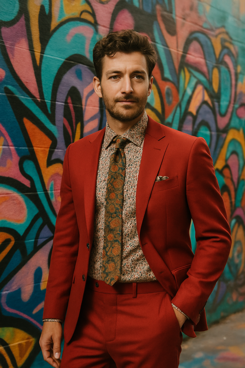 A man in a red suit with a patterned shirt and tie, standing in front of a colorful graffiti wall.