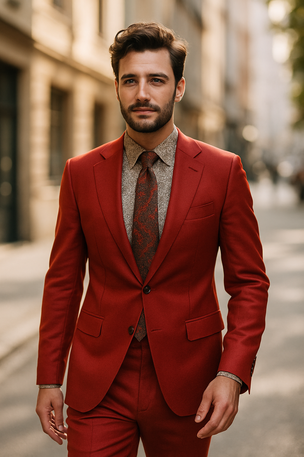 A man in a red suit walking confidently down a city street, wearing a patterned shirt and tie.