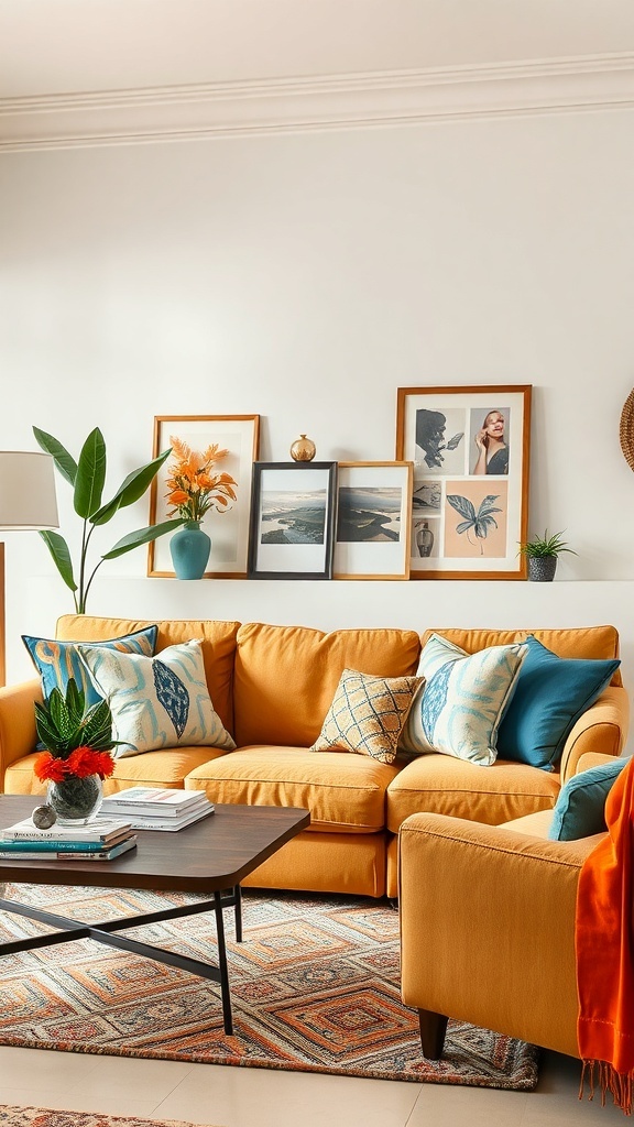 A cozy living room featuring a tan couch with patterned pillows, a stylish coffee table, and a colorful rug.