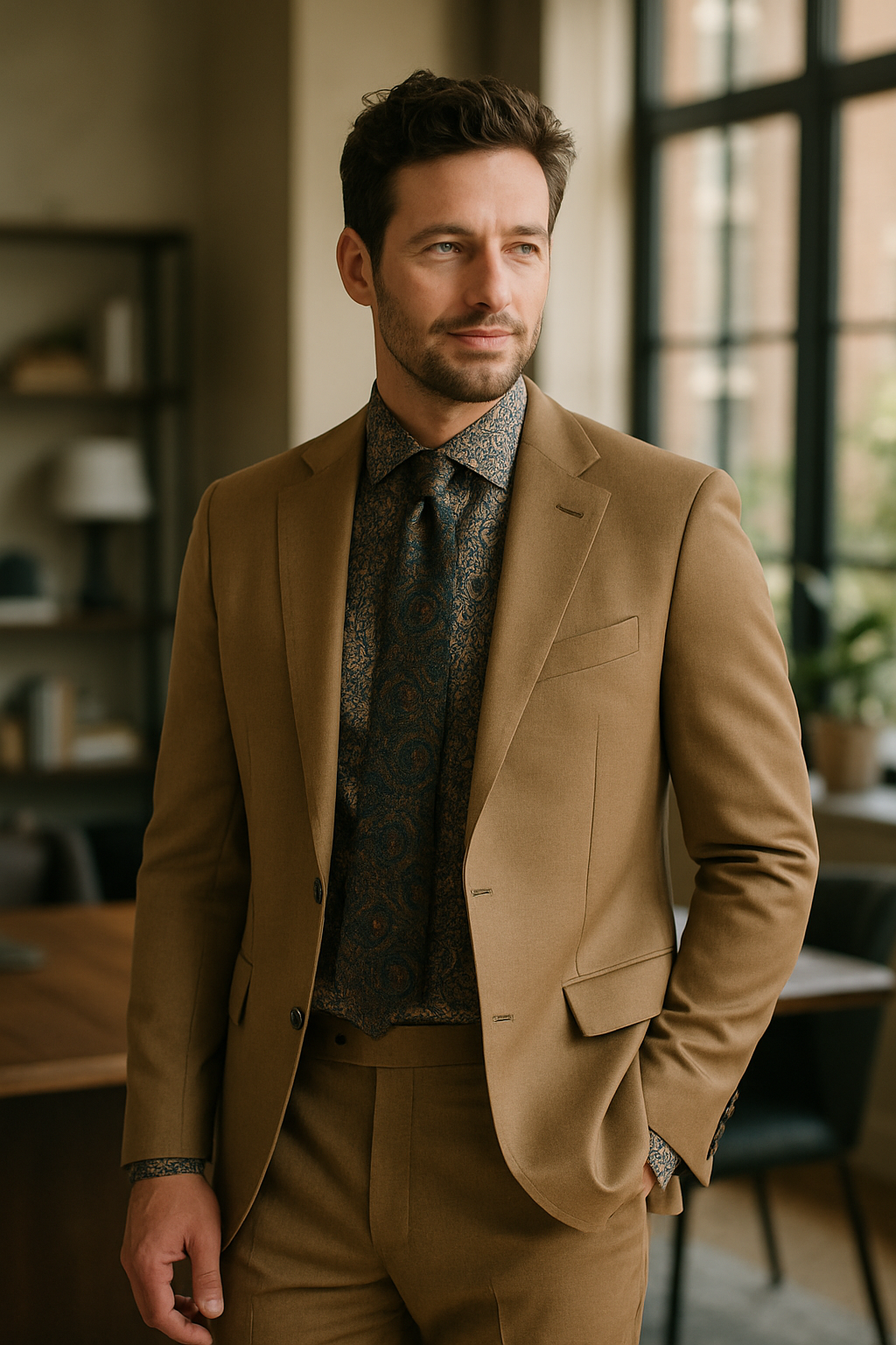 A man wearing a tan suit with a patterned shirt and tie, standing in a stylish interior.
