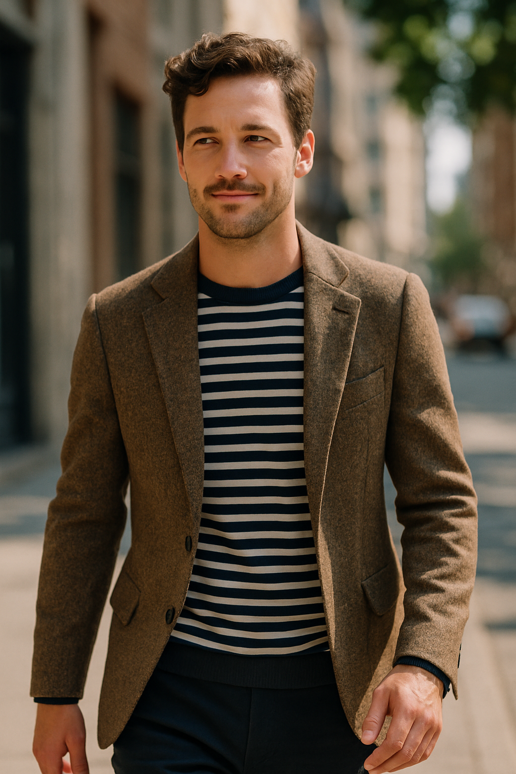 A man wearing a brown tweed blazer over a striped shirt, walking confidently on a city street.