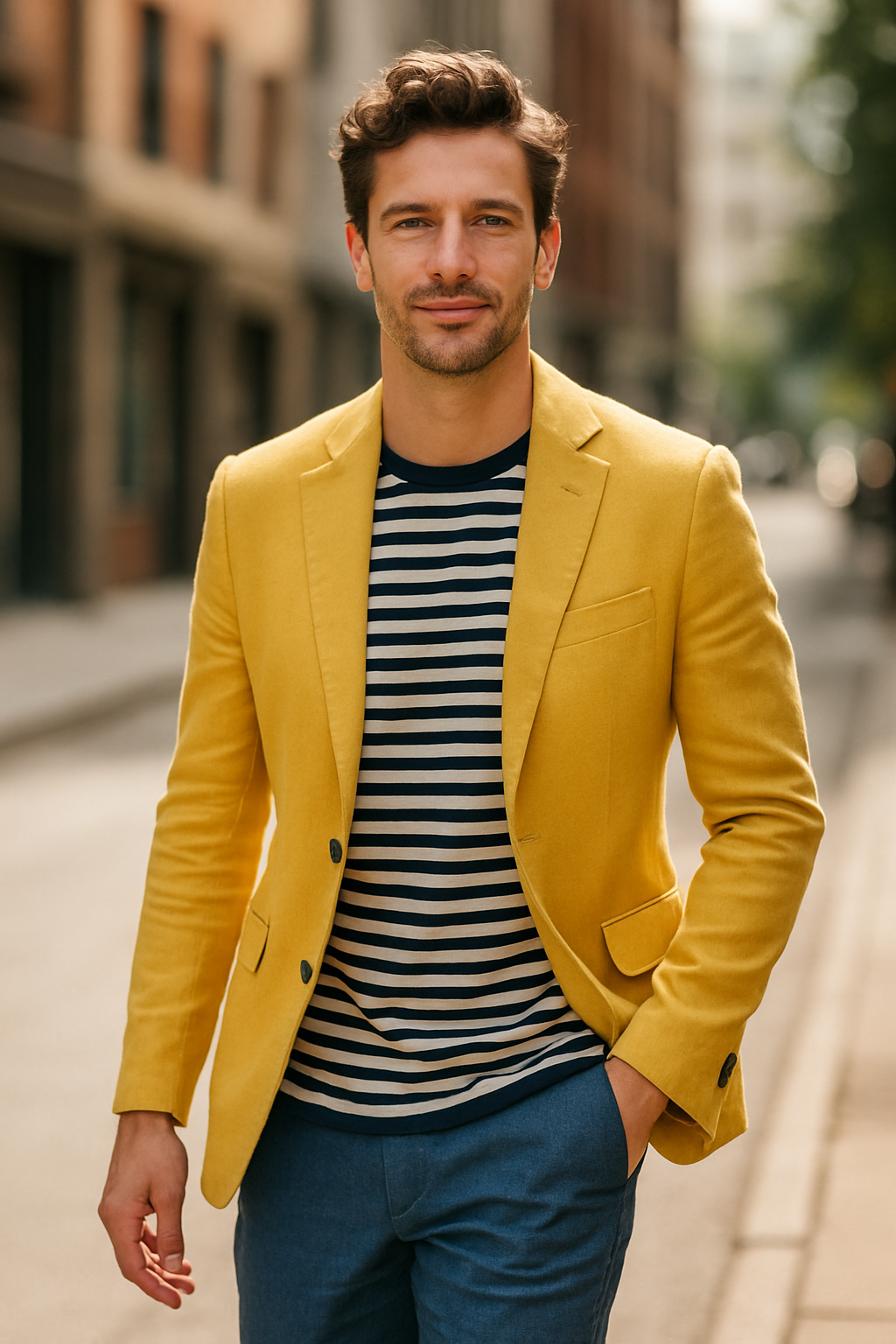 A man wearing a yellow blazer over a striped shirt, walking in a city street.