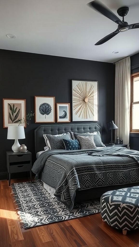 A stylish black bedroom featuring patterned bedding, artwork, and wooden flooring.
