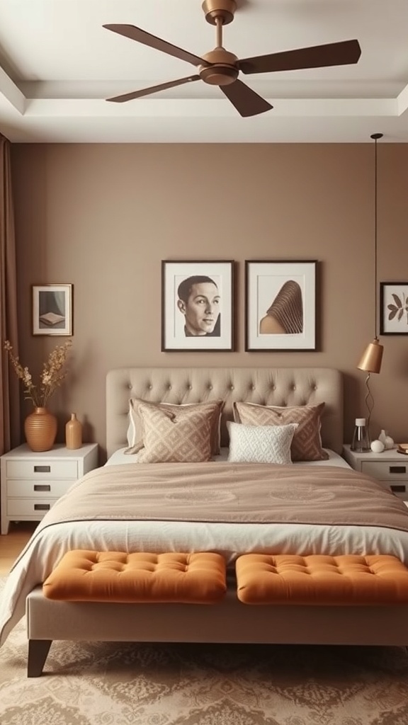 A cozy brown-themed bedroom featuring a tufted bed, patterned pillows, and warm orange accents.