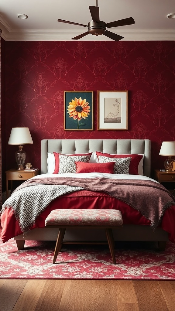 A cozy burgundy bedroom featuring a mix of patterns in bedding and decor.