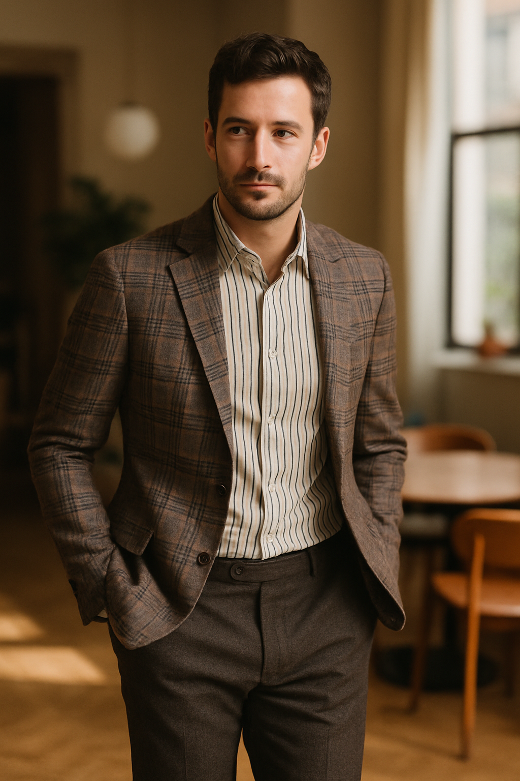 A man wearing a plaid blazer over a striped shirt, showcasing a stylish smart-casual outfit.