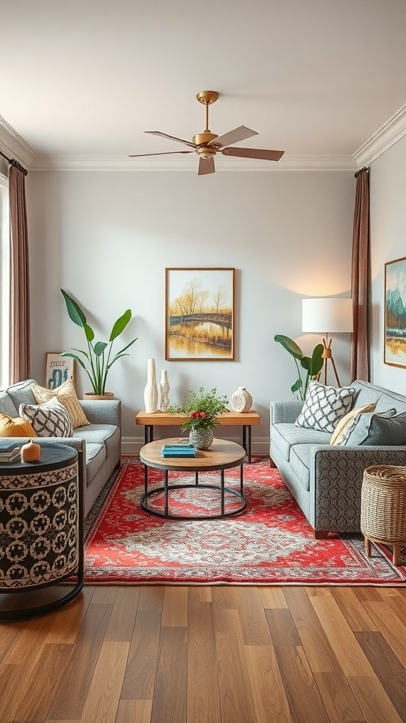 A cozy living room featuring two patterned sofas, a vibrant red rug, and decorative plants.